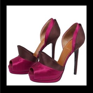 Fendi Fuchsia Pink and Chocolate Brown Satin Peep-Toe Platform Heels